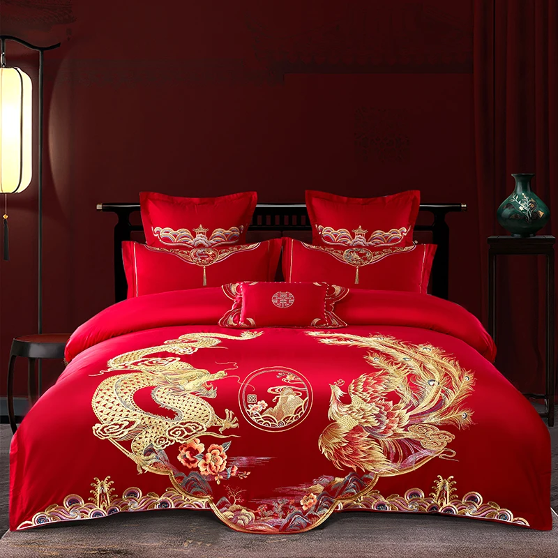 

Chinese Wedding Bedding Set Luxury Gold Loong Phoenix Embroidery Red Egyptian Cotton Duvet Cover Bed Sheet Bedspread Pillowcases