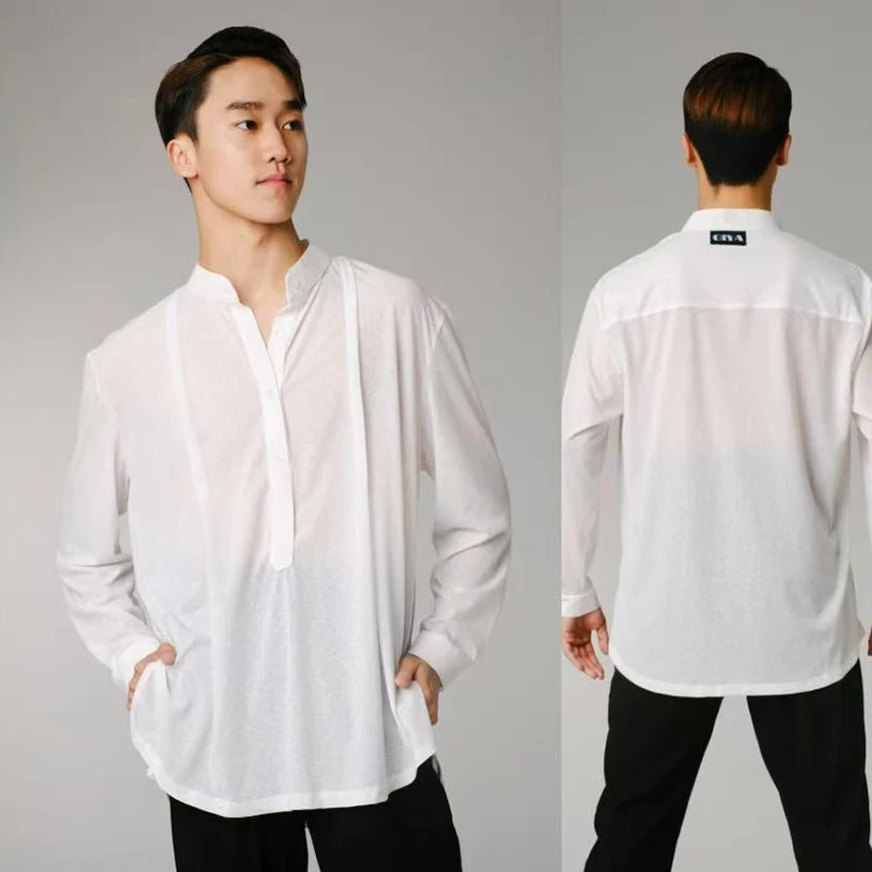 2025 남성용 새로운 라틴 댄스 대회 의류 흰색 긴팔 셔츠 차차 룸바 탱고 성인 라틴 댄스웨어 DQS20660