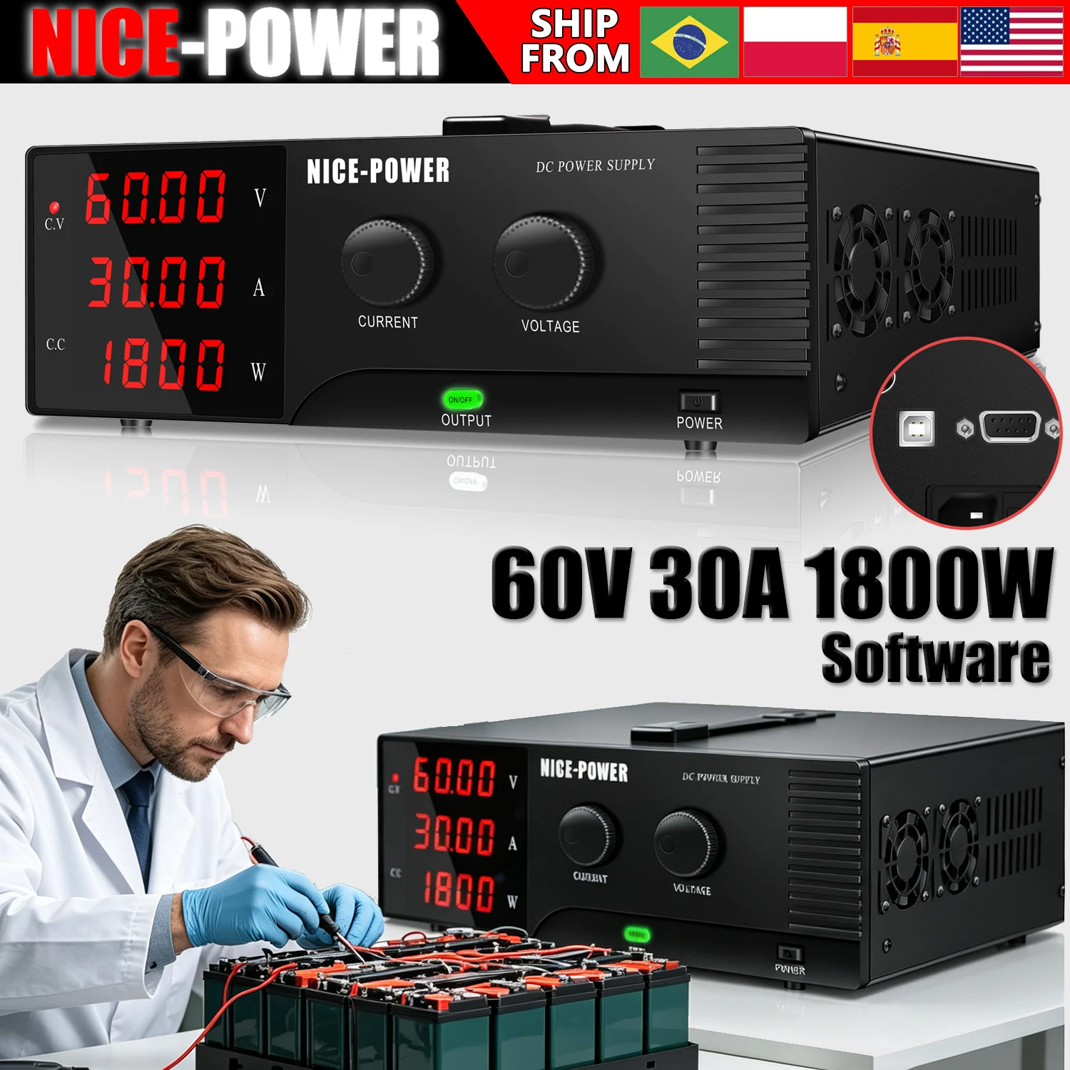 NICE-POWER 60V 30A Labor-Netzteil mit Software, 1800W Einstellbares Tischnetzteil, Stabiles CV-Netzteil, AC220V EU-Stecker