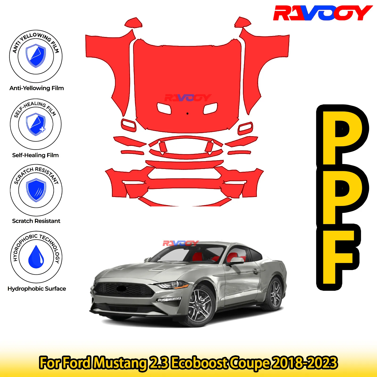 

Для Ford Mustang 2.3 Ecoboost Coupe 2018-2023 глянцевая матовая черная предварительно вырезанная передняя защитная пленка PPF комплект