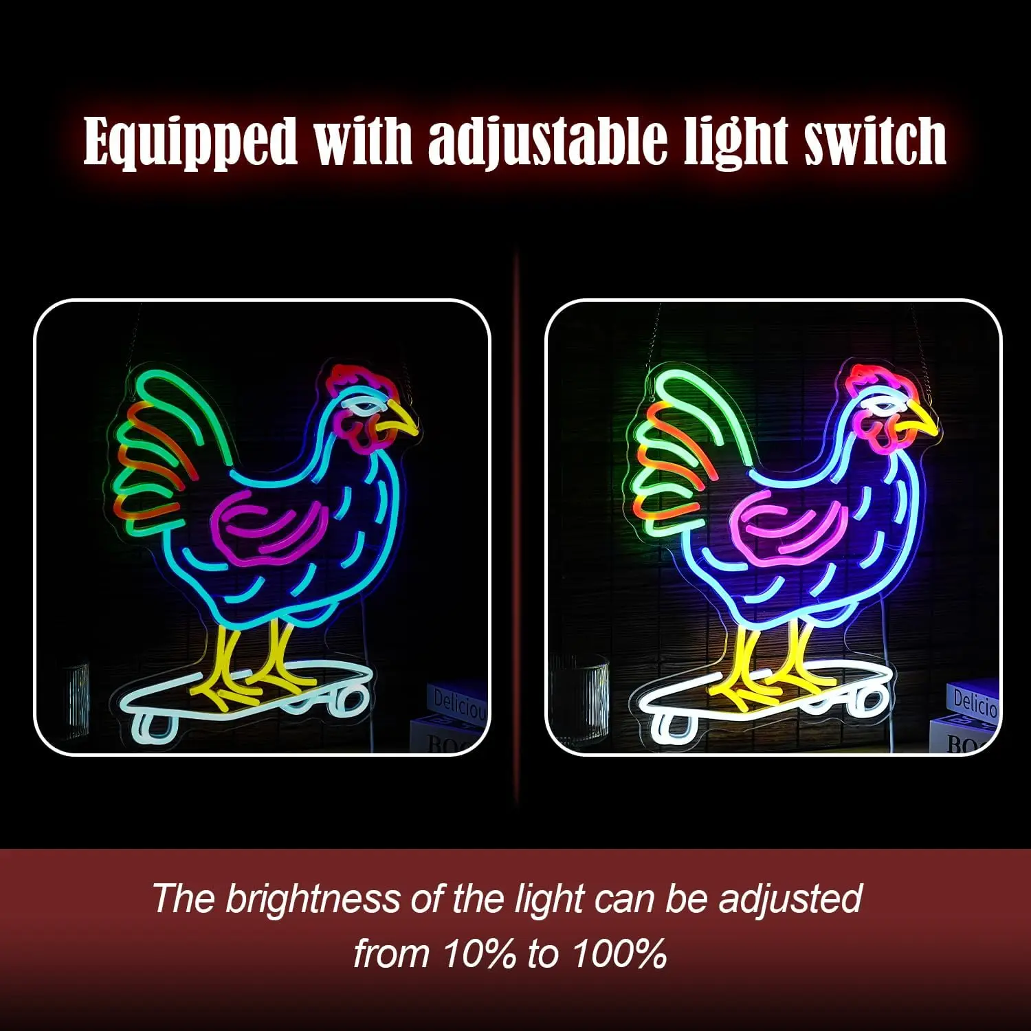 USB Dimmable Chicken Neon Sign Funny Skateboarding Rooster LED Neon Light for Bedroom Men Cave Bar Game Room Home Decor Gift