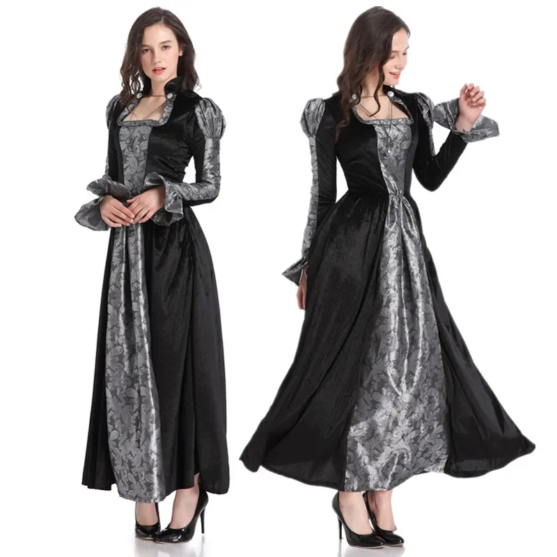 

Women Black Gray Witch Dress Sorceress Cosplay Adult Halloween Masquerade Role Play Party Dress