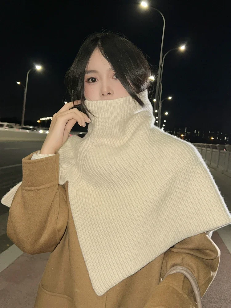 Women 100% Wool Short Poncho Turtleneck Shawl Wraps Thick Ribs Knitted Accessories Cape Soft Wool Scarf Neck Warmer Cappa 2023