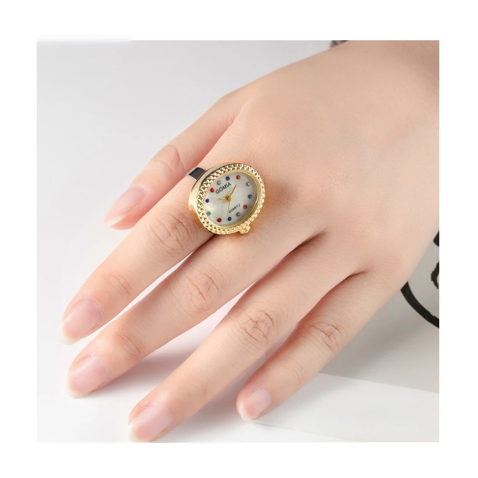 قبلة مجوهرات جديدة الإبداعية مقاوم للماء ساعات كوارتز صغيرة البنصر الملونة حجر الراين قابل للتعديل سبيكة البيضاوي الهاتفي على مدار الساعة الدائري #5