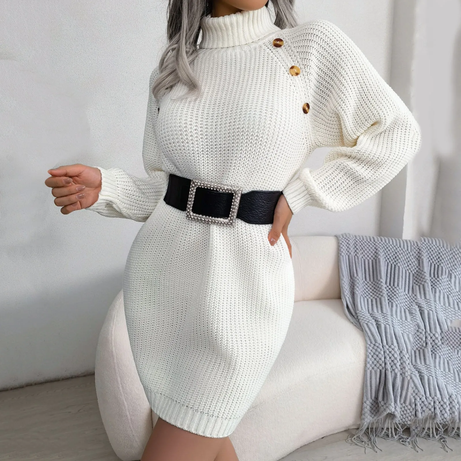 

Womens Fashion Casual Long Sleeve Solid Knit Turtleneck Long Puff Sleeve Ribbed Knit Short Dress Sweater Sweater Mini Dress