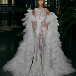 Glitter Ruffled tül kadınlar Cape katmanlı balo ceket akşam parti moda pist düğün gelin elbiseler pelerin