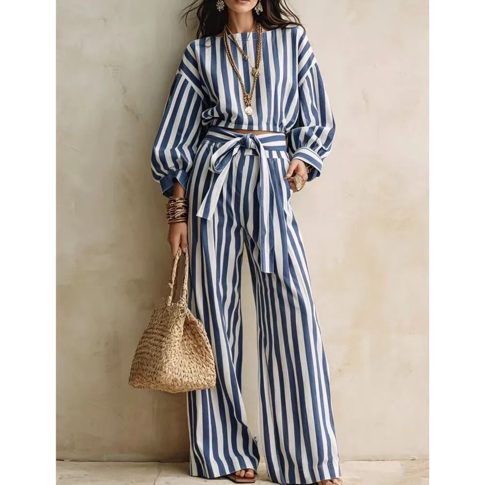 Women New Striped Long-sleeved Shirts Trousers 2piece Set Fashion Casual Ultra-short Top Waisted Lace-up Loose Wide-leg Long Set view 5