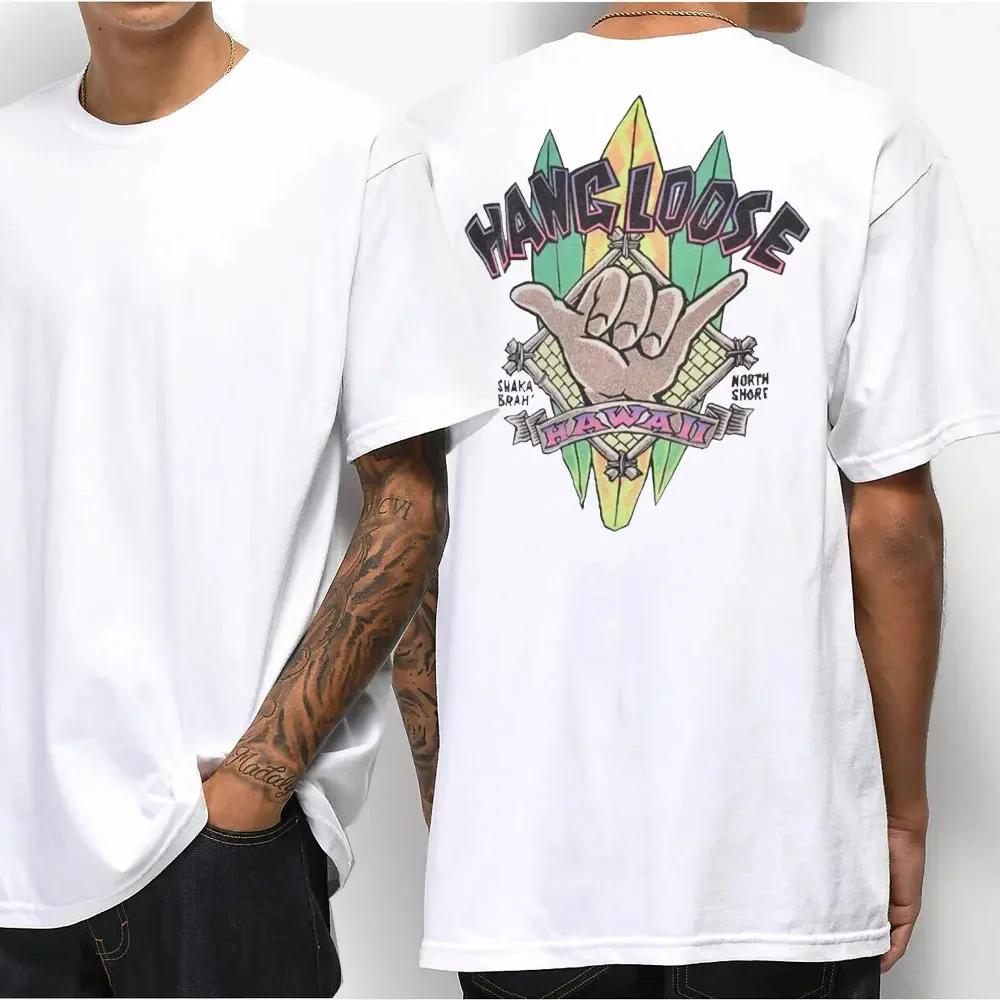 Hawaiian Style Men\'s Casual T-shirt Island Hanging Pine Shaka Surfboard Men\'s and Women\'s White Cotton Tee Retro Beach Surf Tops