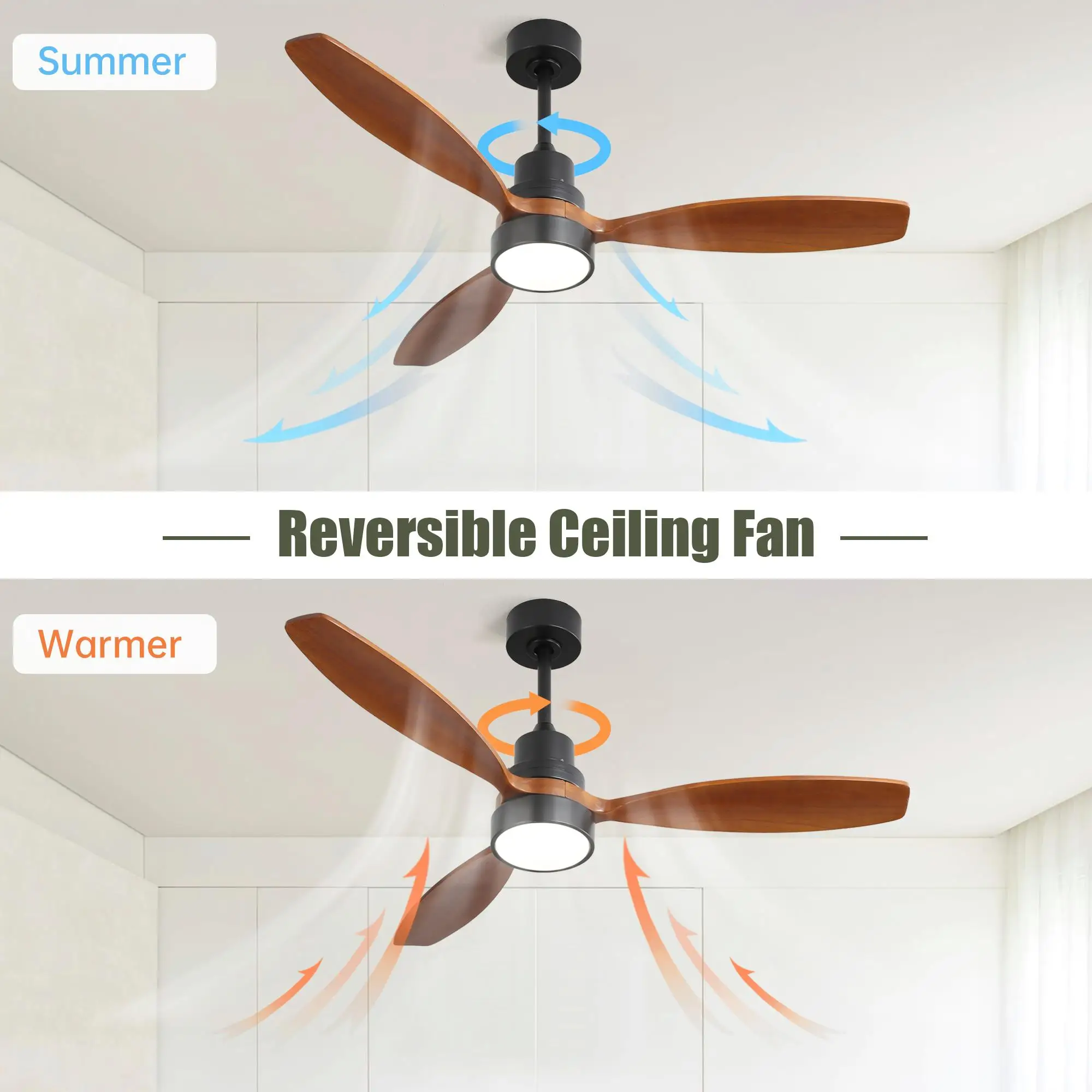 52-Inch Wooden Ceiling Fan with 3 Blades, Remote Control, Reversible DC Motor & Light - Modern Home Decor