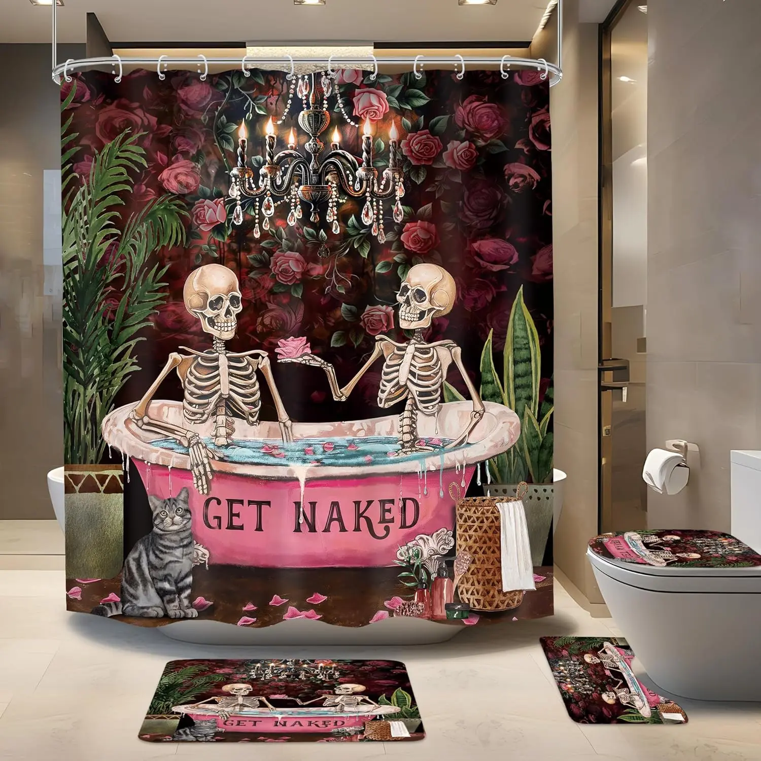 4 PCS Gothic Skull Skeleton Shower Curtain Set 72Wx72H Halloween Bathroom Set Black Goth Non-Slip Bath Rug Toilet Lid Cover U