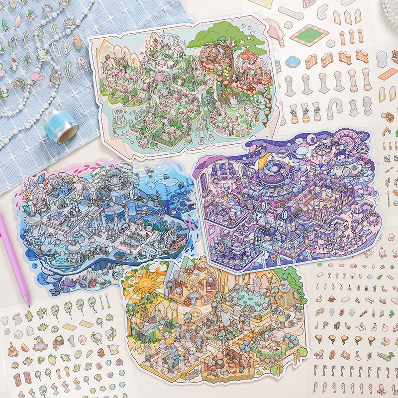 Card Lover  4 Pcs [Fantasy Roaming Series] Landscape Stickers Starry Secret Underwater Tale Sun Temple Scrapbook Stickers