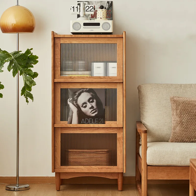 All solid wood bookcase, living room glass cherry wood three-door magazine cabinet, floor-to-ceiling entrance cabinet