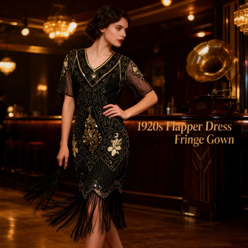 

1920s Retro European American Fringe Dress Women's Party Evening Gown Glamorous Vintage Style
