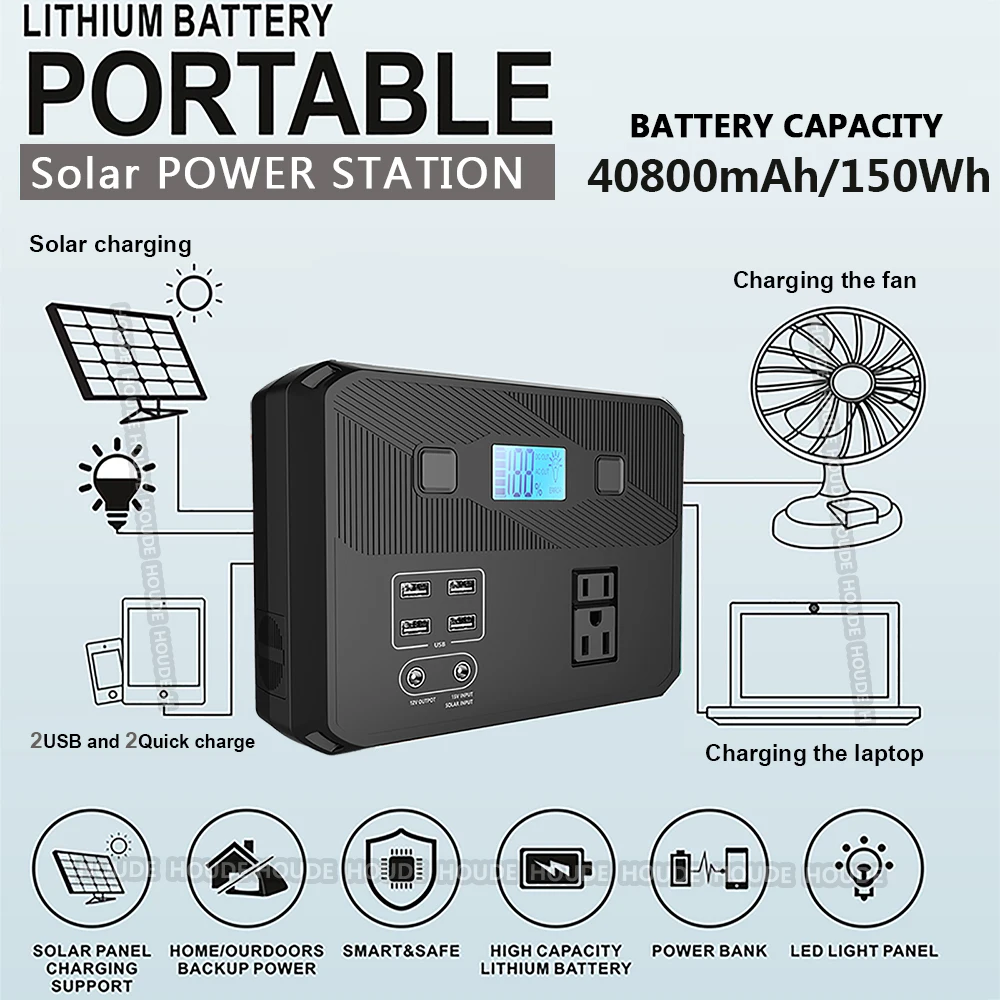 150Wh 40800mAh Portable Power Station Solar Generator for Home Outdoor Camping Drone Laptops With LED Flashlight