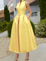 Freeacy 2024 Stylish Belted A-line Dress Stand Collar V-neck Sleeveless Evening Dresses Solid Color High Waist Pleated Dress