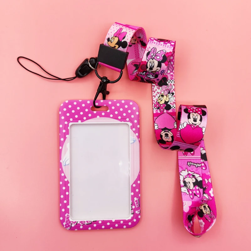 Dompet kartu kredit wanita, Disney Lanyard pemegang lencana ID, casing kartu kredit Minnie, tali leher, pemegang kartu pintu wanita, aksesori kredensial