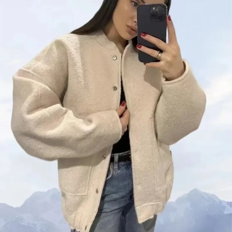 Elegant Solid Covered Button Tweed Coat Loose Long Sleeve Pocket Bomber Jacket Autumn Winter Female Casual Streetwear Chic Tops