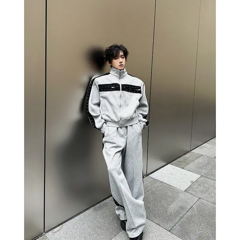 Men's 2025 Spring Autumn Trendy Two-Piece Sets Rivet Design Fashion 2pcs Contrast Color Sports Sweatshirts Wide-Leg Pants Sets