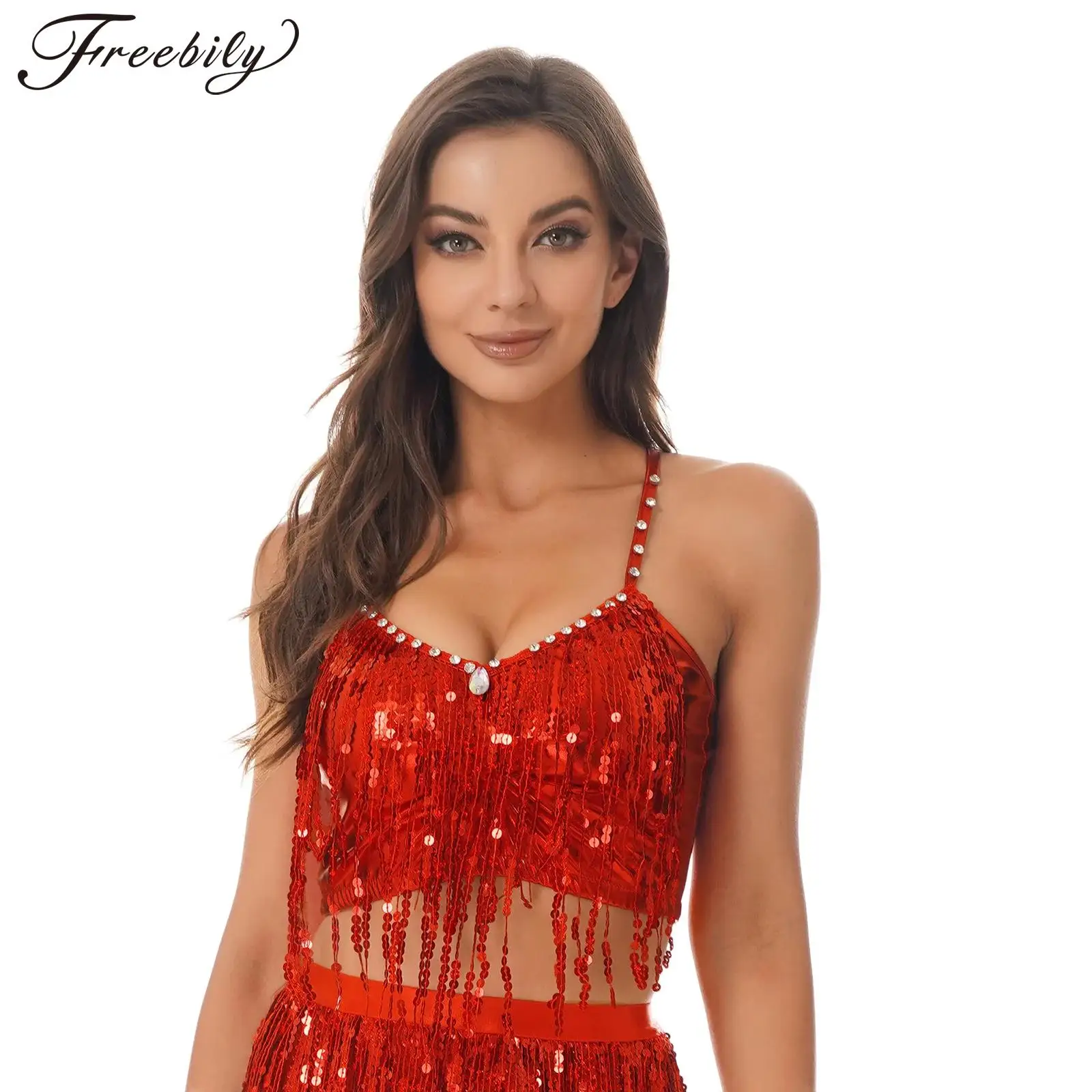 Womens Shiny Sequins Vest Tops Fringed Crop Top V Neck Sleeveless Camisole for Belly Dance Stage Performance Prom Party Clubwear