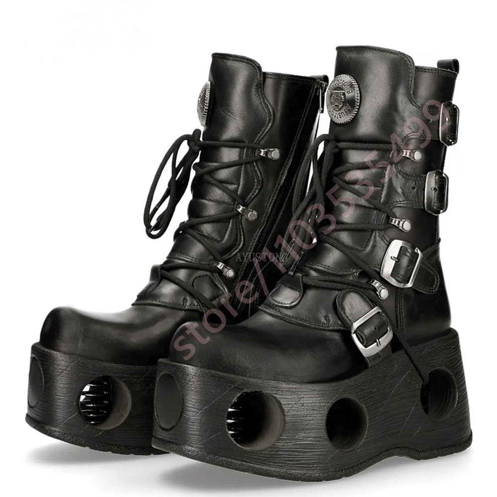 

Women's Black Platform Buckle Motorcycle Boots 2025 Winter New Round Gothic Street Rock Boots Punk Fashion Sporty Casual Boots