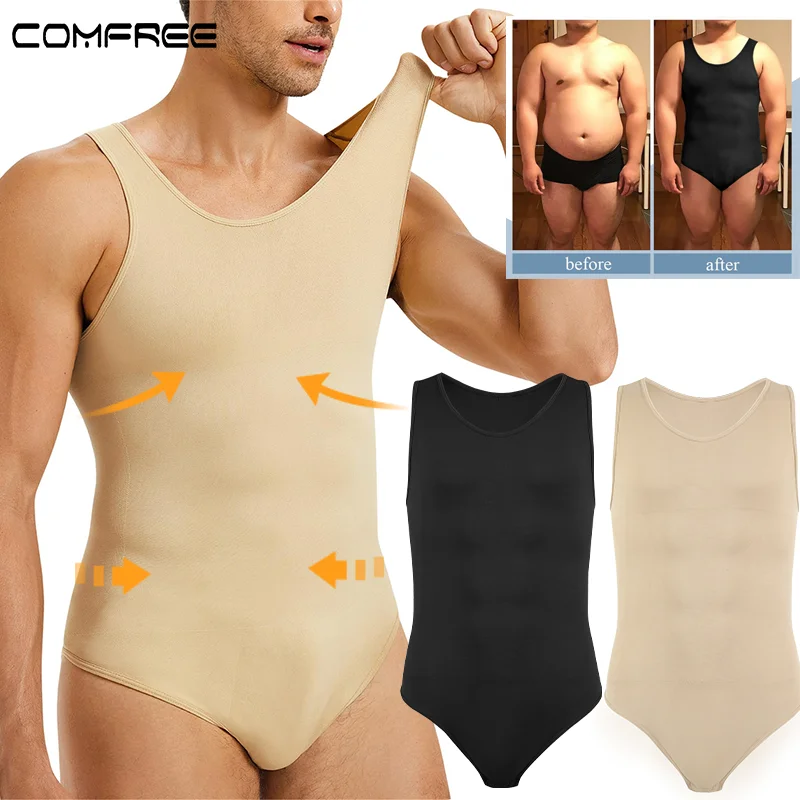 Men's Sleeveless Full Body Shaper Tummy Control Triangle Pants Shapewear Hip Lifting Bodysuit Compression Faja Sexy Wide Strap Underwear