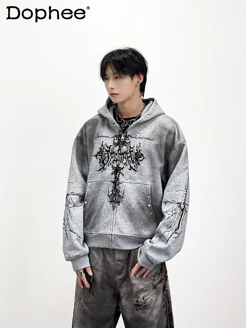 

Japanese Original Y2K Subculture Dark Style Hooded Sweatshirt Loose Casual Fleece Warm Cardigan Jacket for Men