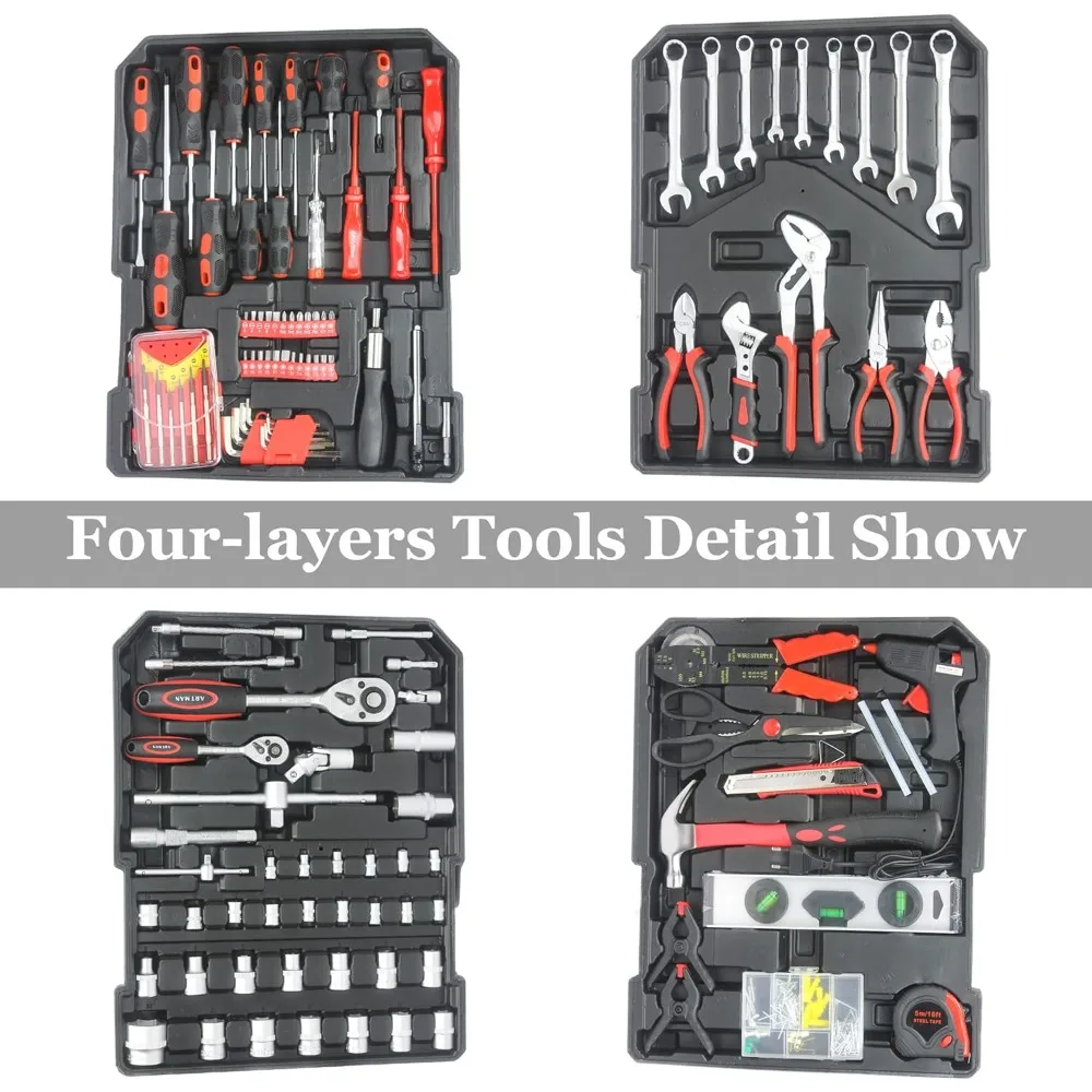 889 Pcs Aluminum Trolley Case Tool Set with Wheels, Four-Layer Tool Kit with Rolling Tool Box, Portable Toolbox Storage