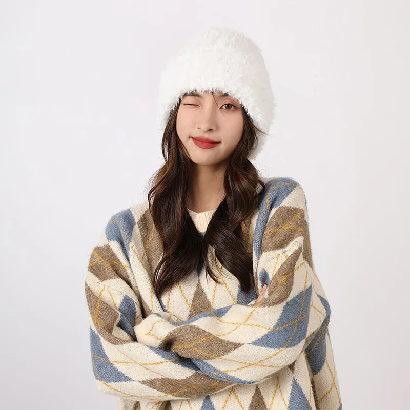 

large-Head Caped Knitted Hat Hugger Toque Cap Stocking Head Watch Women Warm Versatile Winter Autumn Winter 8M50