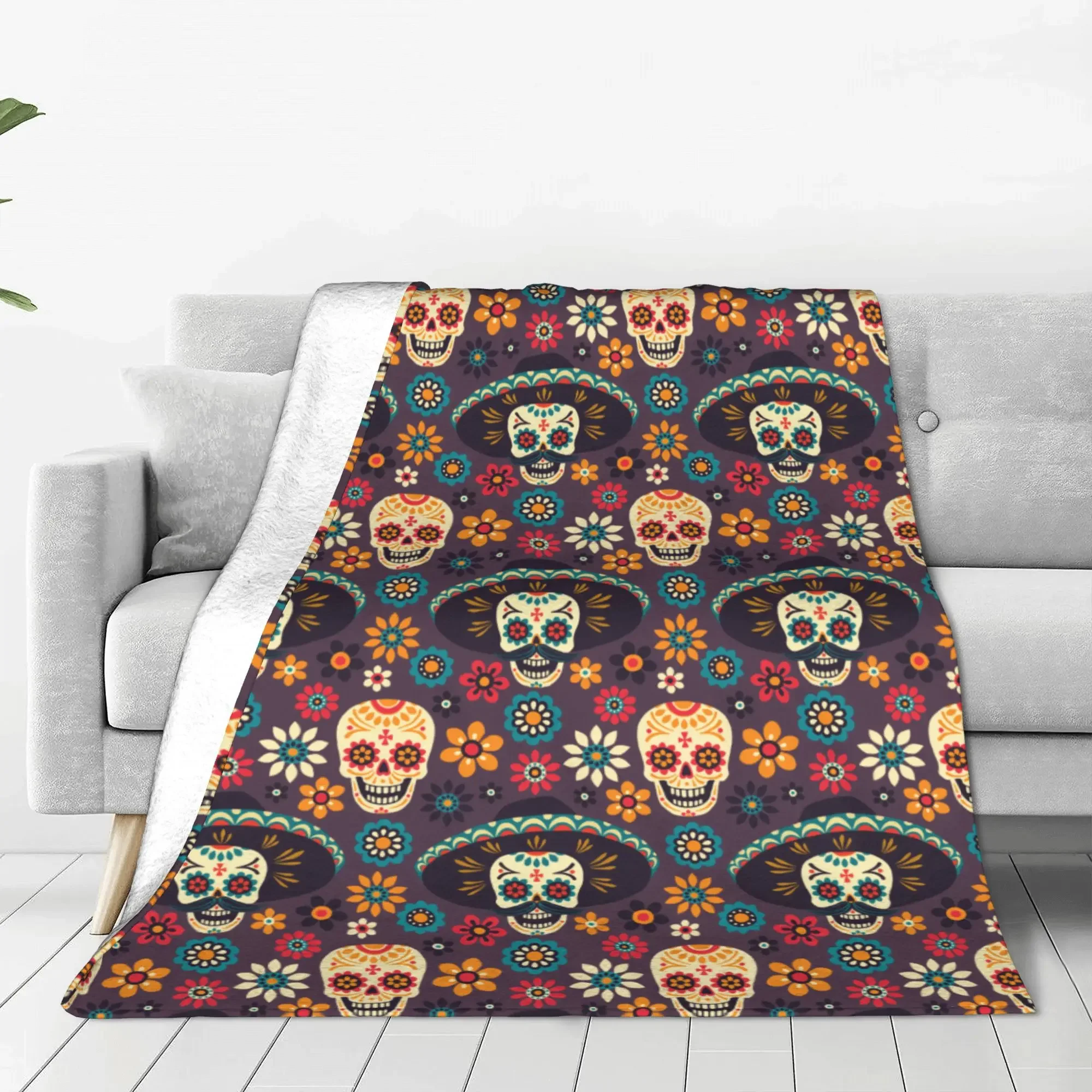 Day of the Dead Sugar Skulls Flowers Throw Blanket for Couch Dia De Los Muertos Festival Calavera Fuzzy Soft Plush Blanket