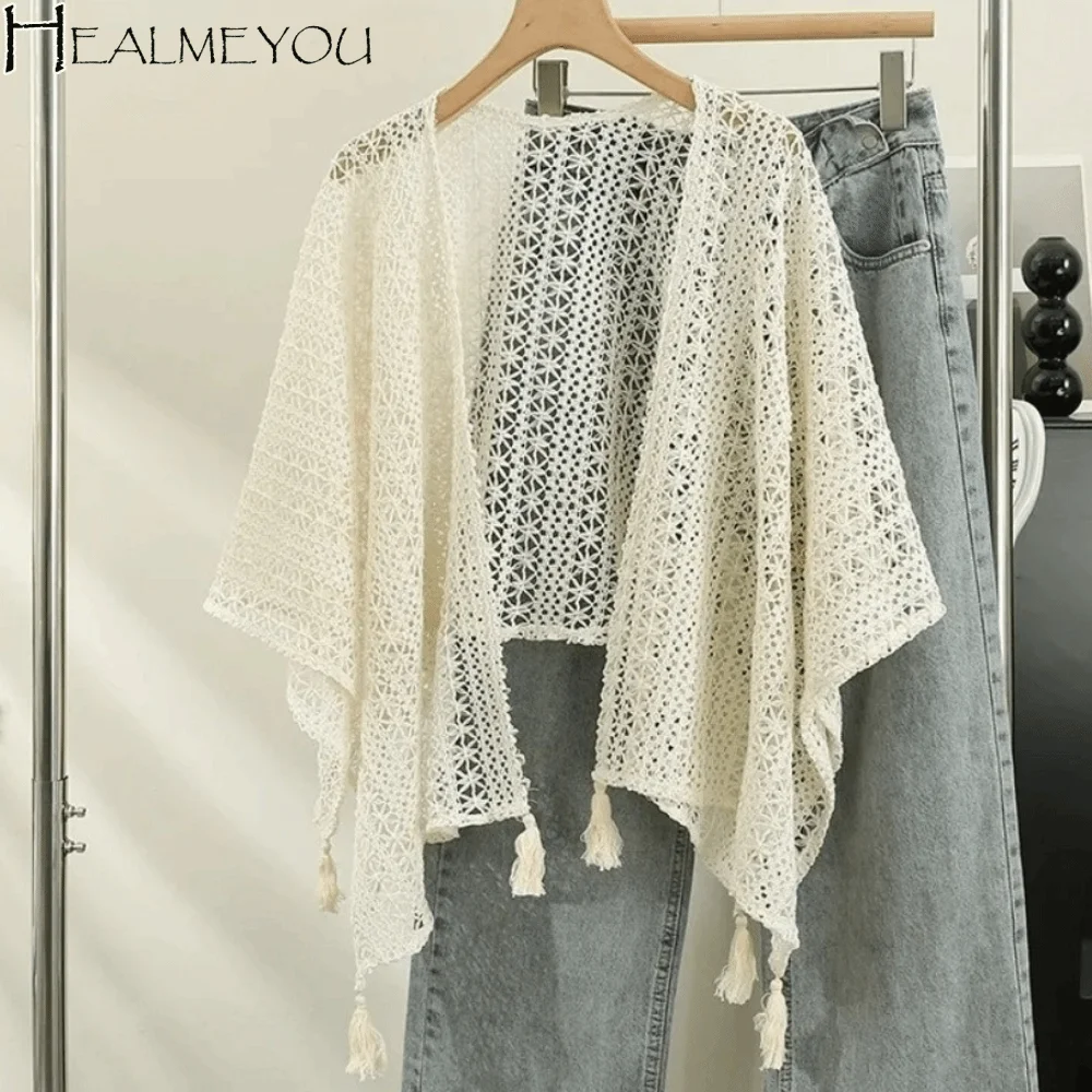 Tassel Hollowed-out Knitwear Ethnic Style Bohemian Vacation Style Shawl Beach Wear Sunscreen Ladies' Crochet Shawl