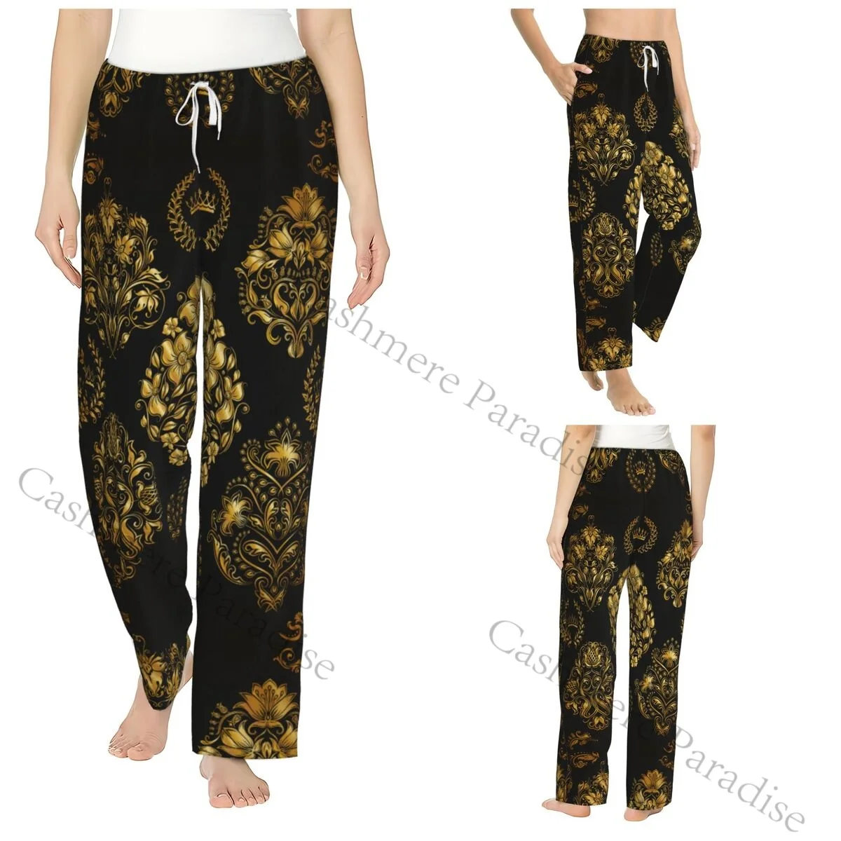 

Golden Luxury Baroque Warm Women Pajama Pants Flannel Sleep Bottoms Soft Fleece Loungewear