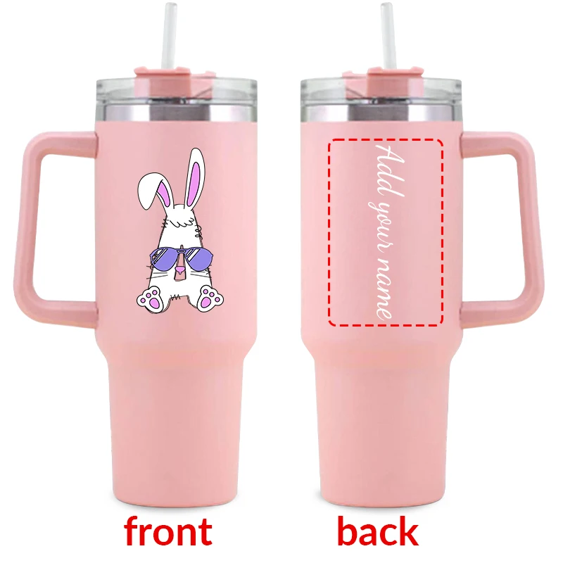 

40oz Pink Color Customized Name Insulated Cups with Handgrip Print Easter Bunny Party Gift for Friend Stainless Steel Coffee Cup