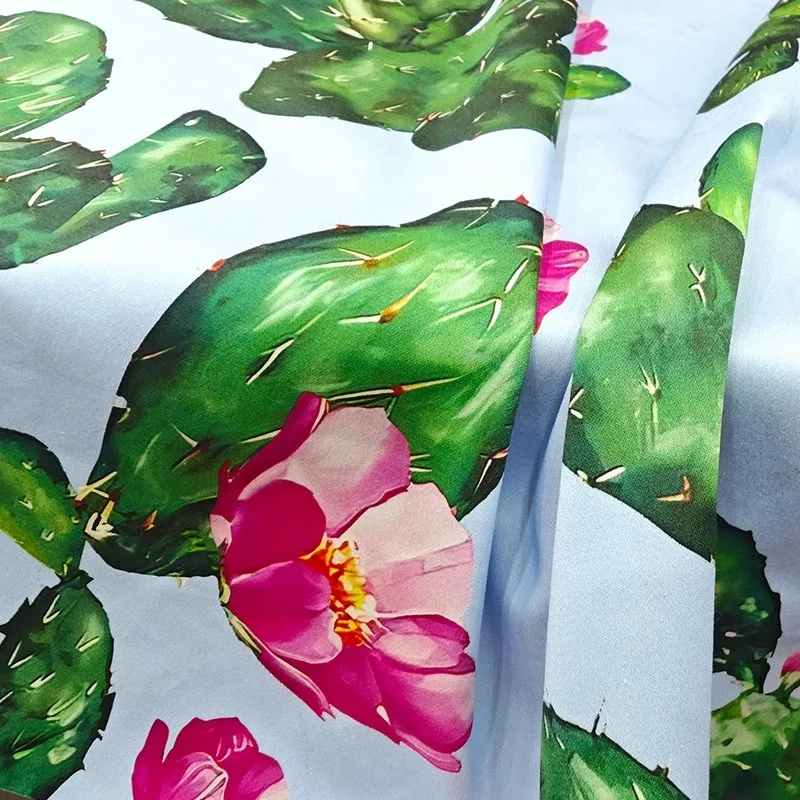 

Blue Color Base Cactus and Flower Pattern Printed Cotton Sateen Fabric For Woman's Spring Dress Pants DIY Cloth Sewing Material