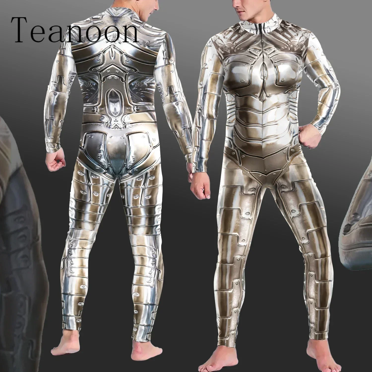 Adult Women Men Steampunk Armor Printed Zentai Bodysuit Long Sleeve Jumpsuit Halloween Party Cosplay Costumes