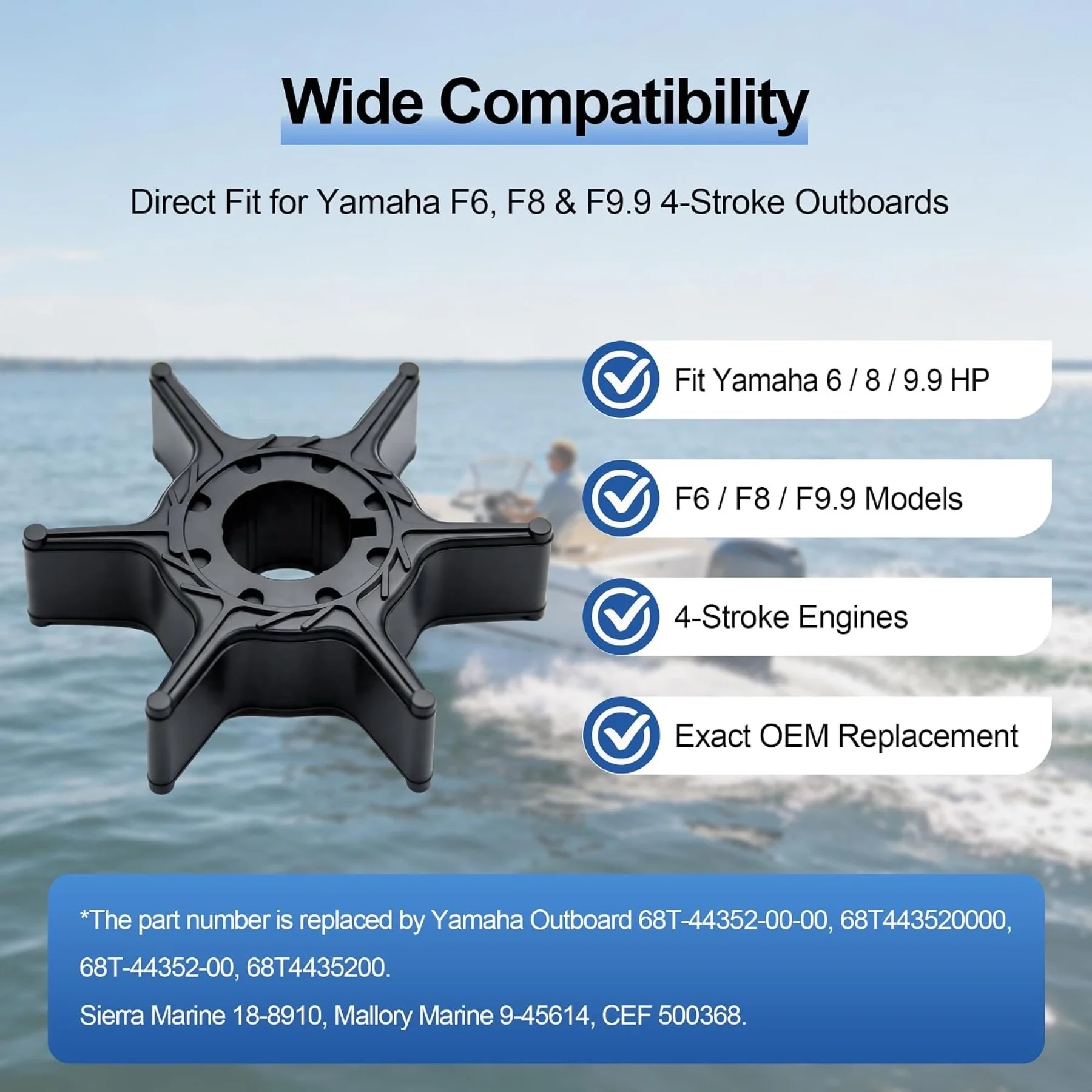 2 Pcs Water Pump Impeller 68T-44352 for Yamaha 4 Stroke Outboard 6HP 8HP 9.9HP F6 F8 F9.9 Boat Motor Engine Parts Sierra 18-8910