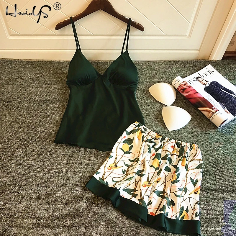 

Women's Floral Print Pajama Set With Padded Bra Sexy V-Neck Slip Vest And Shorts Ideal For Cozy Home Clothes Lingerie Sleepwear
