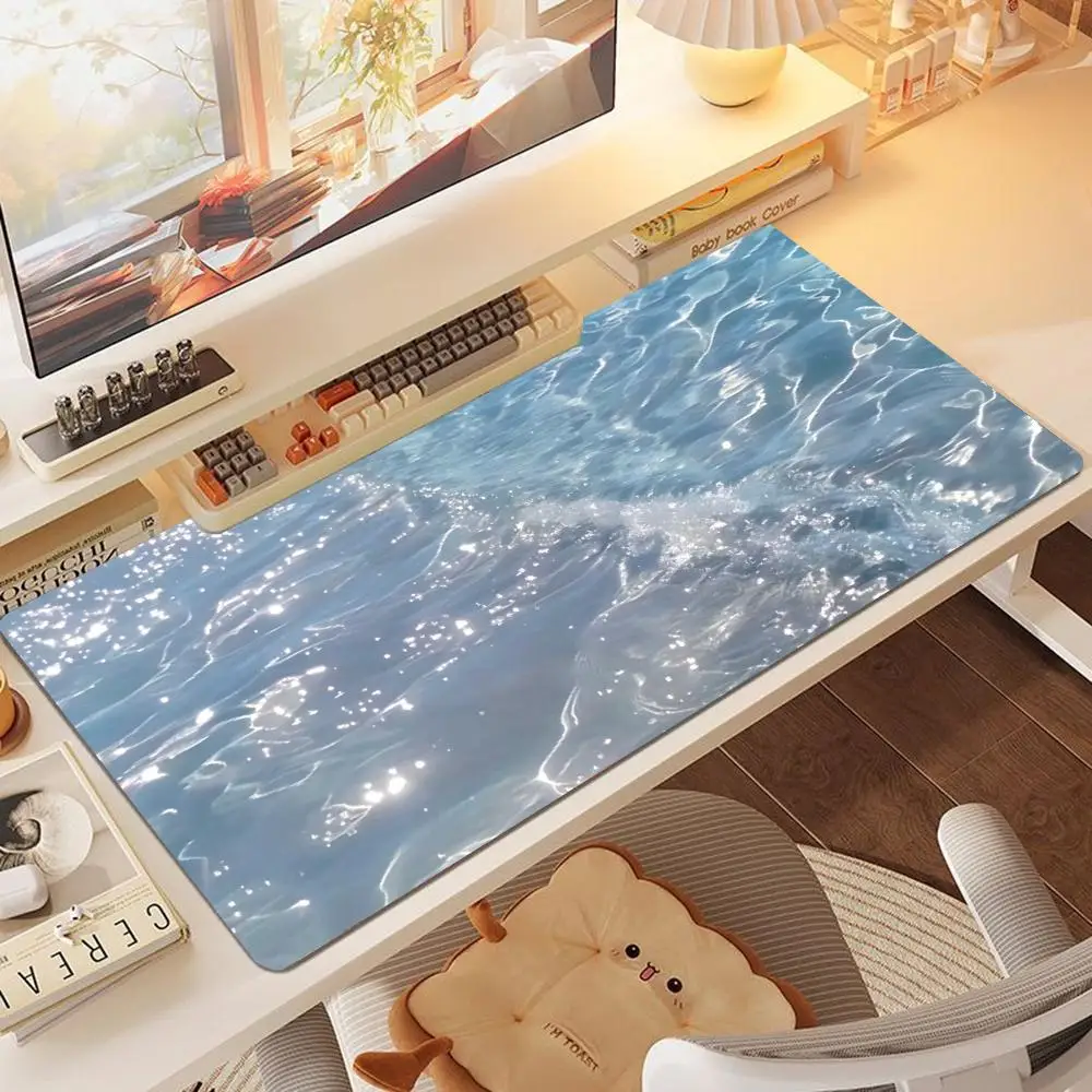 Large Blue Ocean Wave Mouse Pad, Shimmering Sea Water Surface Pattern Desk Mat, Non Slip Rubber  for Gaming Office Table Decor