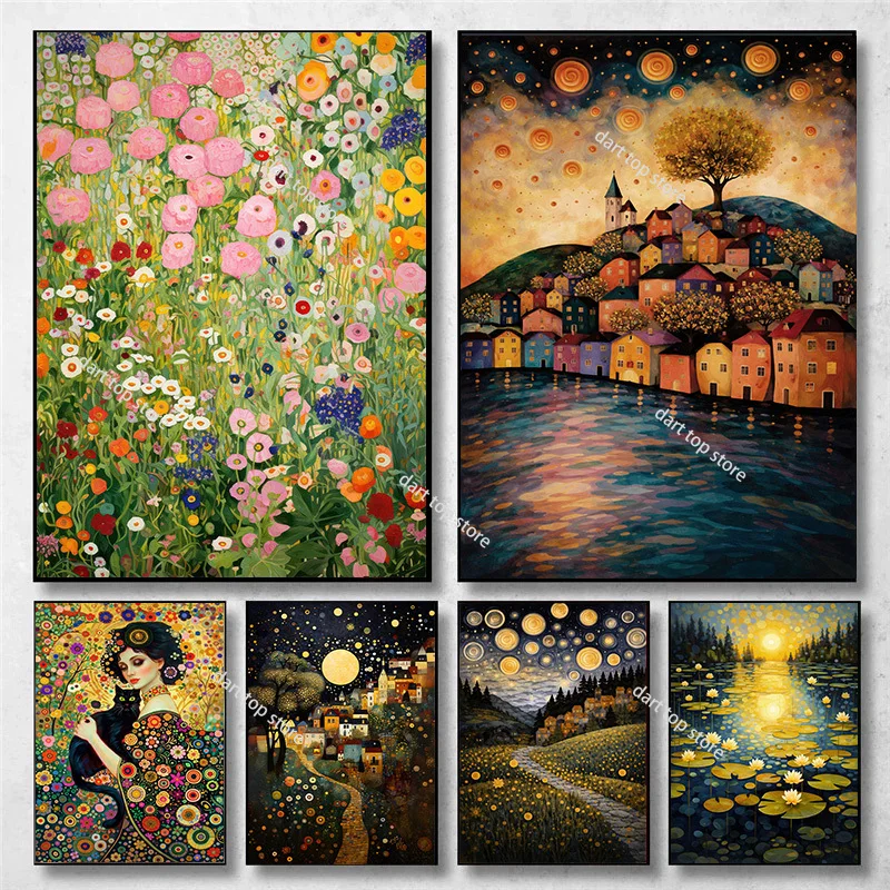 Image of Gustav Klimt Druck Wandkunst Vintage Stadtlandschaft Kunstgemälde Leinwand Poster Drucke Heim Schlafzimmer Wohnzimmer Dekoration Geschenk