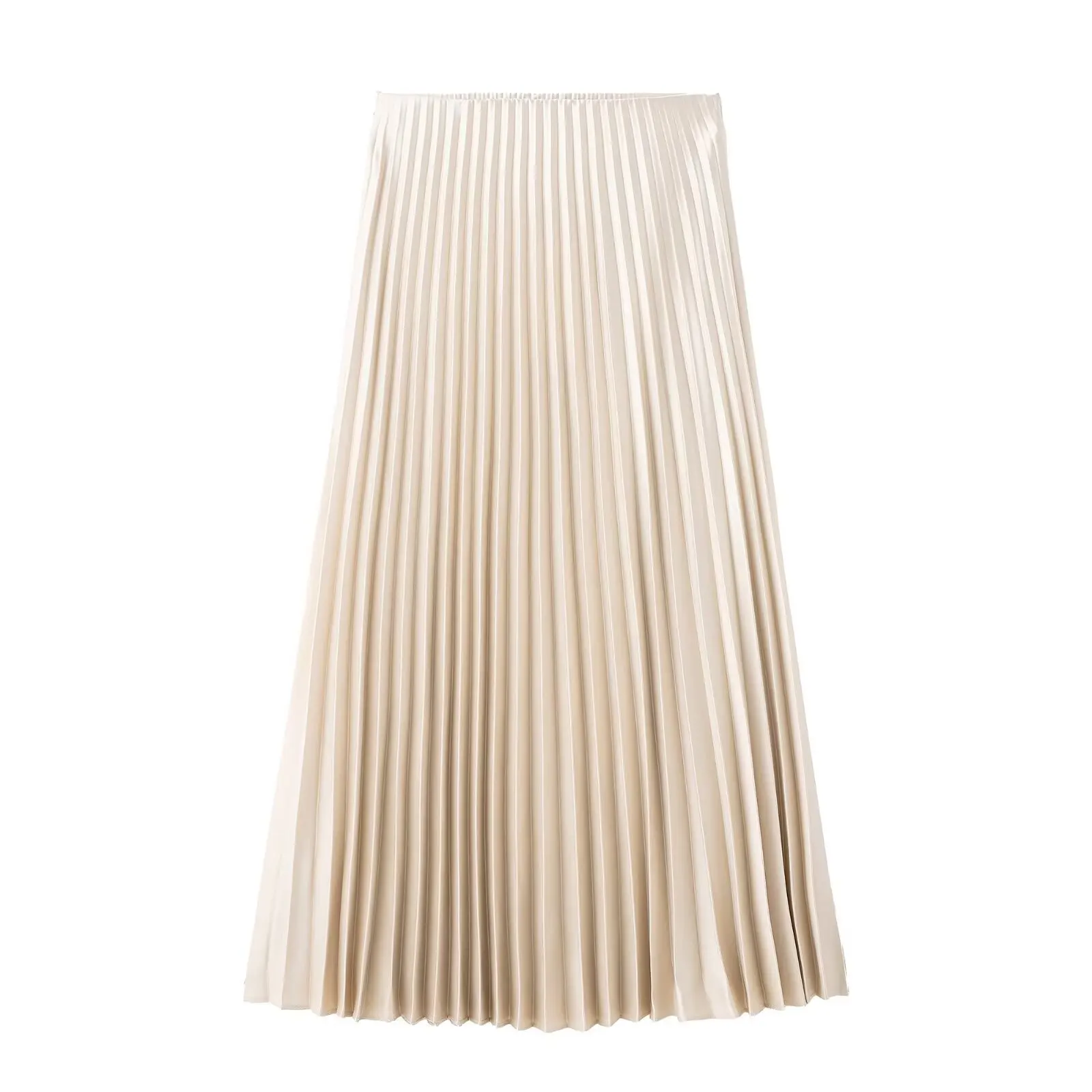 HH Damen Mode Beige A-Linien Midirock Eleganter Hochtaillierter Satin Plissierter Rock 2026 Sommer Neu Lässiger Strand- und Partyrock – Detail 3