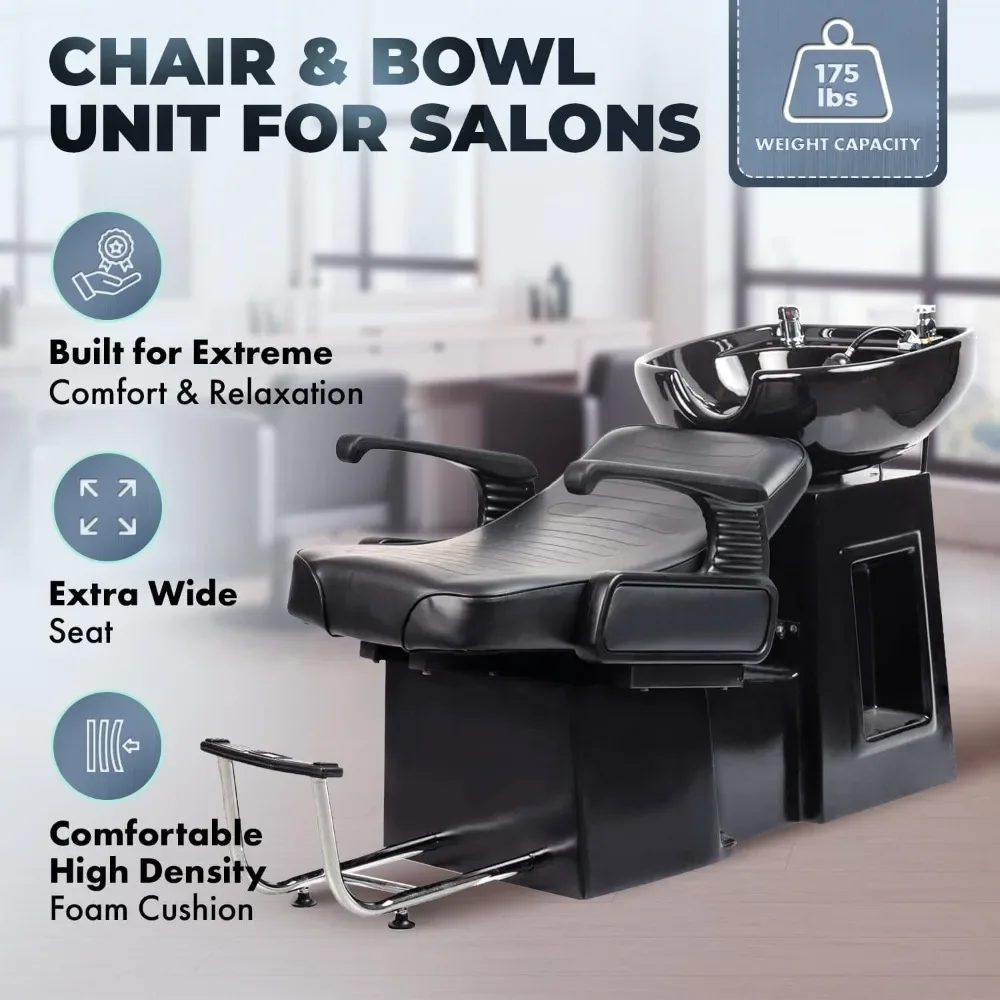 Black  Shampoo Chair with Ceramic Sink, Adjustable Leg Rest and Footrest, Ergonomic Headrest, and Single-handle Water Tap