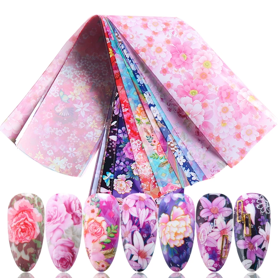 10pcs Colorful Flowers Print Stickers On Nails Foils Starry Sky Wraps Transfer Decals For Manicure Spring Nail Art Decorations