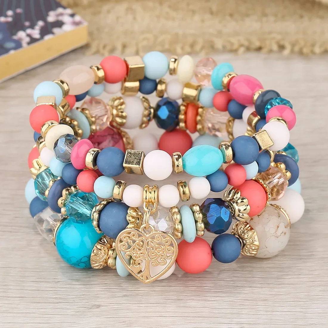 4Pcs Acrylic Beads Chain Bracelet Set For Women Tree Of Life Charm Elastic Bangle Female Bohemian Jewelry Accessories
