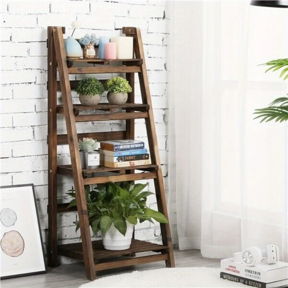 4-Tier Wooden Plant Stands Foldable Ladder Shelf Flower Display Indoors Outdoors