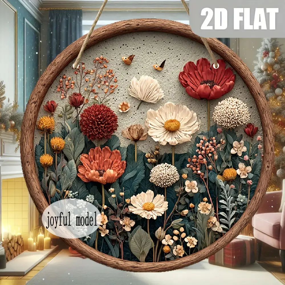 2D Flat, 8x8 Inch Vintage Floral Wall Art - Rustic Farmhouse Decor with Red, White, Yellow, Green, Brown, Beige, Gray, Black, -