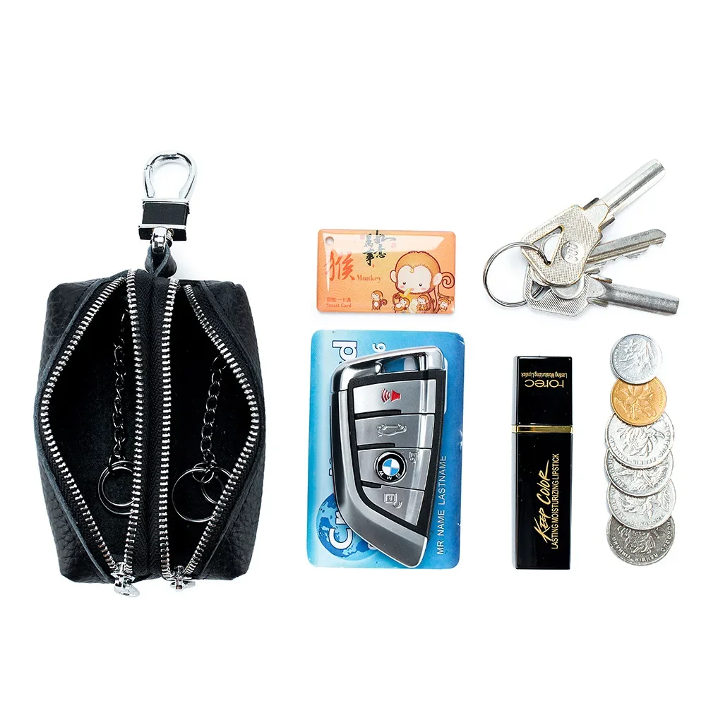 Genuine Leather Key Wallets Unisex Key Bag Men Car Key Holders Double Zipper Keychain Case Women Smart Housekeeper Change Purse