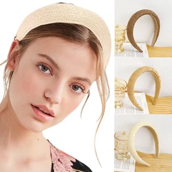 Moda rafia pleciony wyściełane opaski dla kobiet dziewczyn stałe szerokie słomy gąbka Hairbands Bezel opaski do włosów akcesoria do włosów