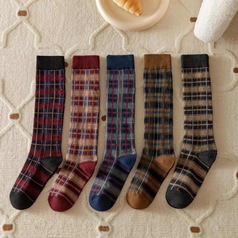 Women Harajuku Retro Vintage Plaid Stockings Long Socks JK College Style School Girls Stocking Cotton Knee Socks Women Stockings