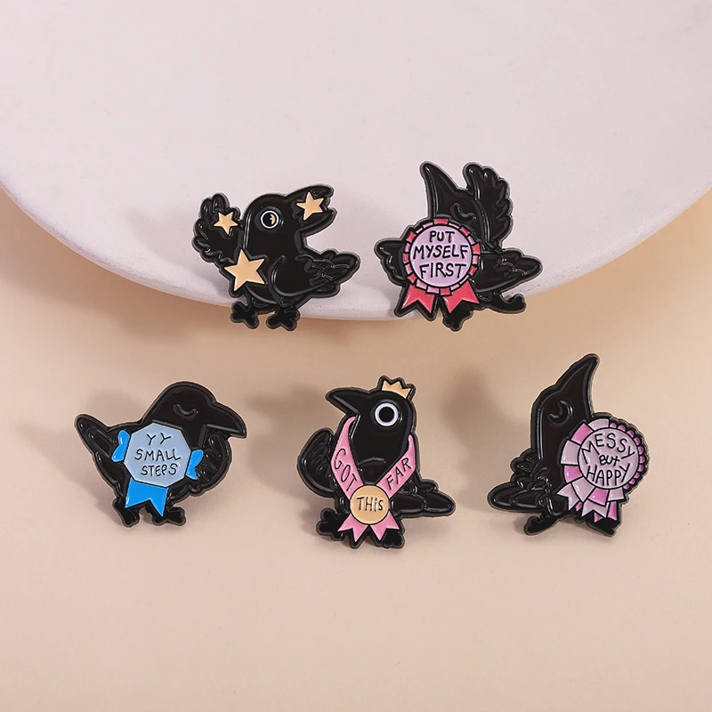 Putting Myself First Enamel Pins Messy But Happy Black Crow With Medal Award Brooches Lapel Badge Jewelry Gifts For Friends