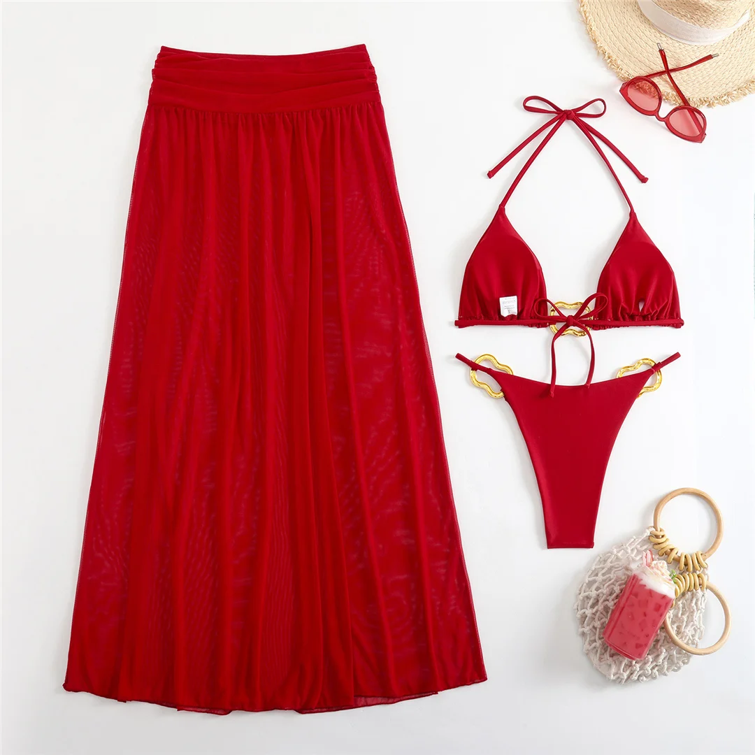 Mit Rock, Neckholder, Metallring, Bikini, Damen-Badebekleidung, Damen-Badeanzug, dreiteiliges Bikini-Set, gepolsterter Badeanzug, Badeanzug, Schwimmanzug V7068 – Detail 22