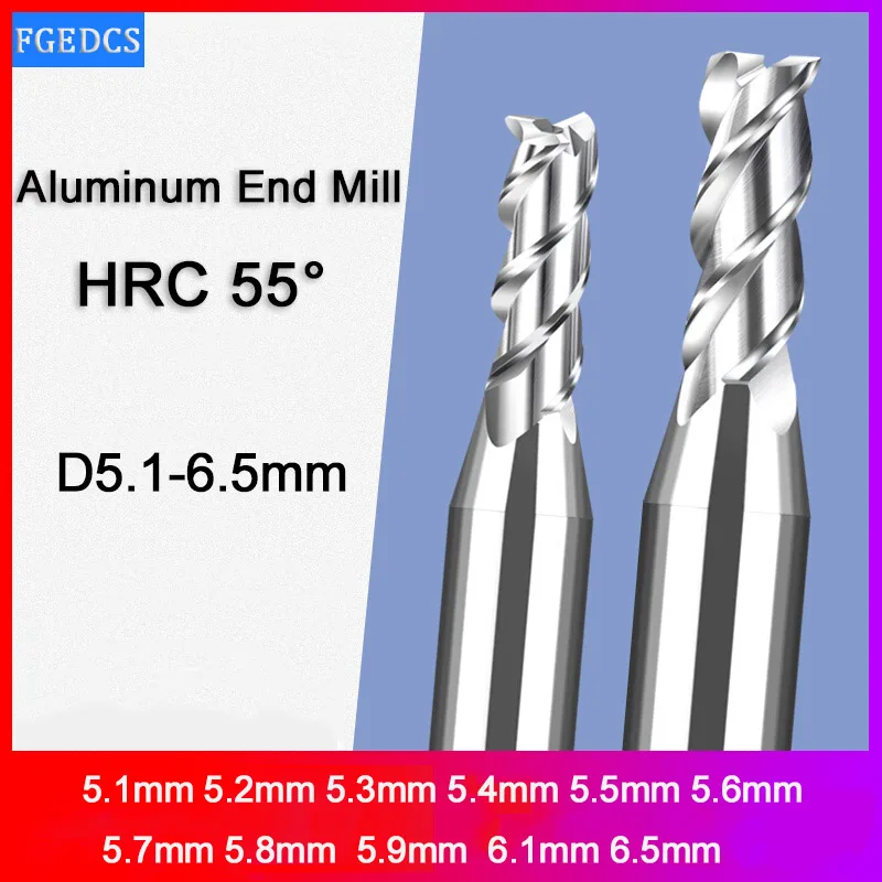 3 Flute End Mill Aluminum 5.1mm 5.2 5.3 5.4 5.5 5.6 5.7 5.8 5.9 6.1 6.5mm Decimal Point Milling Cutter CNC Tools Carbide Cutter